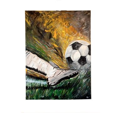 L’Attimo del Tiro – dipinto originale sul calcio con pallone 55x75 cm