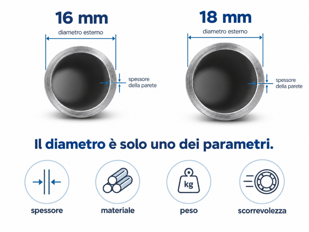 Confronto fra aste da calcio balilla da 16 e 18 mm: diametro esterno, spessore, materiale, peso e scorrevolezza
